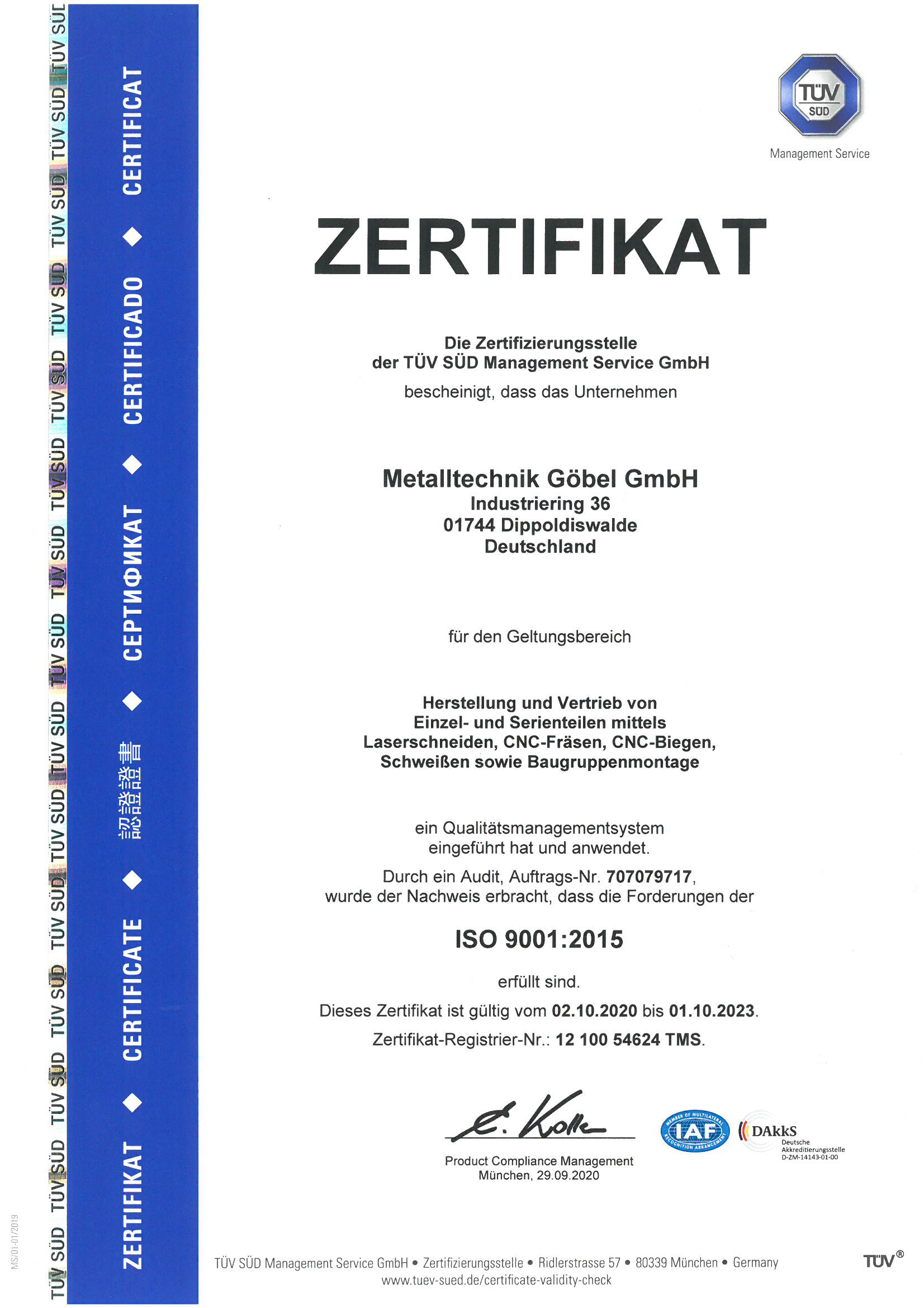 Zertifikat ISO 9001 2015